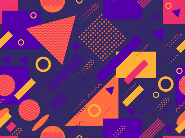 Nahtloses Muster mit geometrischen Formen im Stil der 80er Jahre. Mehrfarbiger Vintage-Hintergrund mit Dreiecken, Kreisen und Quadraten für Broschüren, Banner und Packpapier. Vektorillustration - Vektor, Bild
