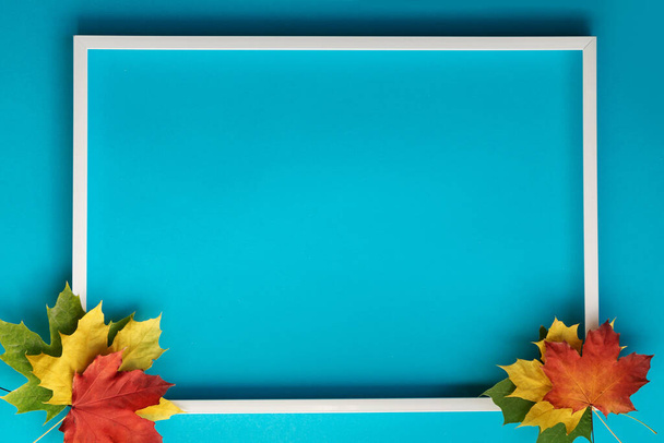 wit frame op een blauwe achtergrond met herfstesdoorn bladeren in groen, oranje en geel, met ruimte voor tekst. - Foto, afbeelding