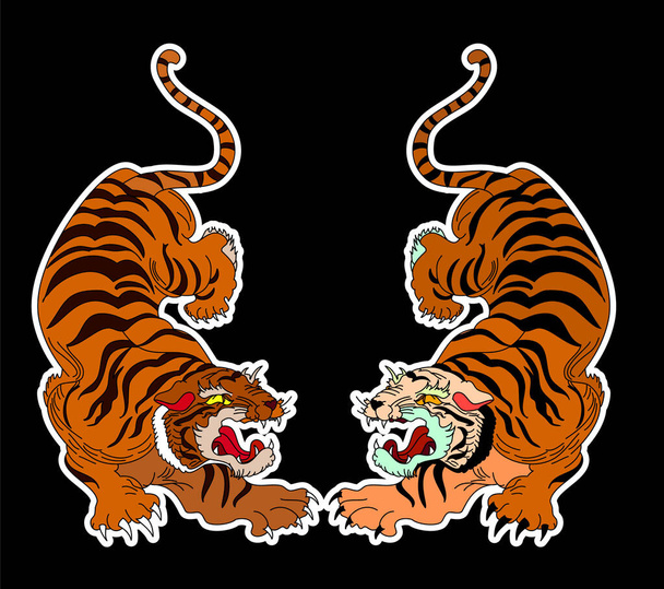 Tiger nálepka tetování design, Cartoon tygr na černém pozadí.Vektor - Vektor, obrázek
