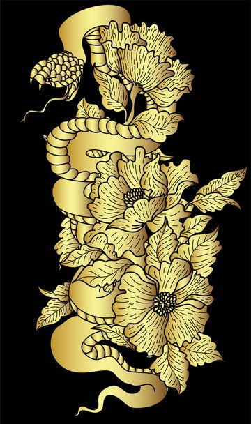 snake tattoo and illustration design with Sakura branch.red snake with apple fruit and Cherry flower spring season vector illustration background.Poster design Red snake Reptile and hibiscus flower - Vettoriali, immagini