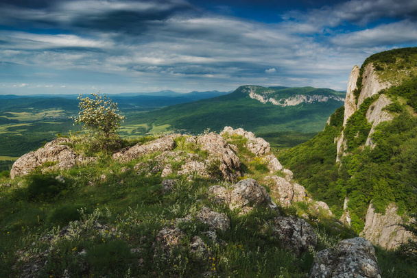 View from the mountain ridge to the Crimea valley. Wild nature of Ukraine. - Valokuva, kuva