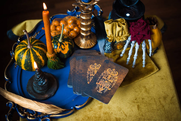 Halloween composition with Tarot cards, mystical design for home, with stuff, interesting decoration  - Photo, Image