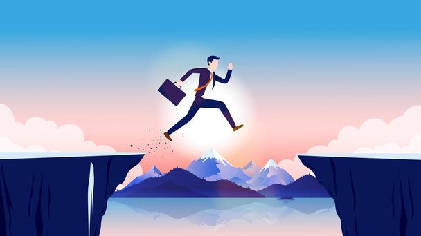 Business obstacle - Businessman taking risk, jumping over gap with open landscape and sunlight in background. Challenge, risk and reward concept. Vector illustration. - Vector, imagen