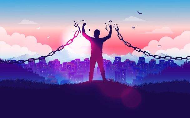 Break free from the chains - Man on hilltop braking the chains with sunrise and city in background. Freedom, liberation, hope and justice concept in vector illustration. - Vector, Image