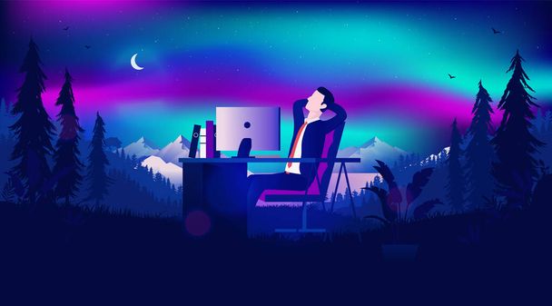 Daydreaming at work - Corporate businessman relaxing and dreaming of another place at his office desk. Daydreamer, relaxing and fantasising concept. Vector illustration. - Vector, imagen