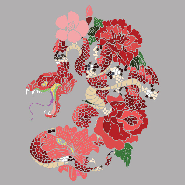 disegno del tatuaggio del serpente e illustrazione con Sakura branch.red serpente con mela frutta e fiore di ciliegio primavera stagione vettore illustrazione sfondo. disegno poster serpente rosso Rettile e fiore di ibisco - Vettoriali, immagini