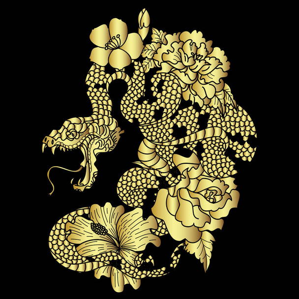 tatuagem de cobra e design de ilustração com Sakura branch.red cobra com fruta de maçã e flor de cereja primavera vetor ilustração background.Poster design vermelho cobra réptil e hibisco flor - Vetor, Imagem