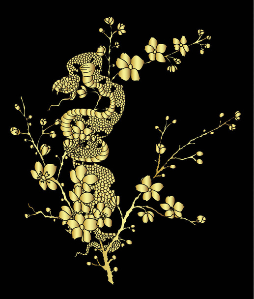 snake tattoo and illustration design with Sakura branch.red snake with apple fruit and Cherry flower spring season vector illustration background.Poster design Red snake Reptile and hibiscus flower - Vektör, Görsel