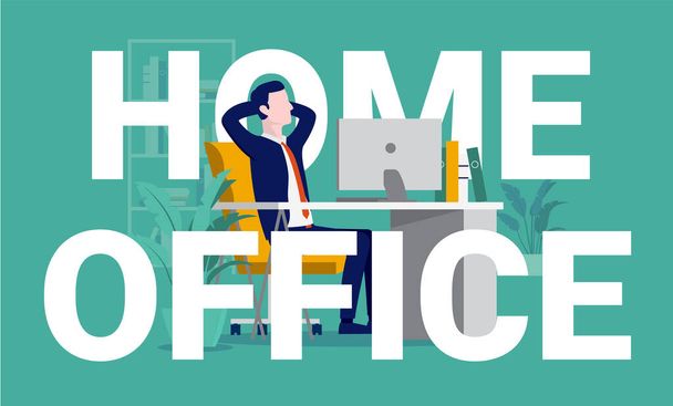 Home office - Ο άνθρωπος που εργάζεται από το σπίτι, κάθεται μόνος στην καρέκλα χαλαρώνοντας μπροστά στον υπολογιστή. Μακρινή δουλειά του επιχειρηματία, χωρίς άγχος έννοια. Εικονογράφηση διανύσματος. - Διάνυσμα, εικόνα