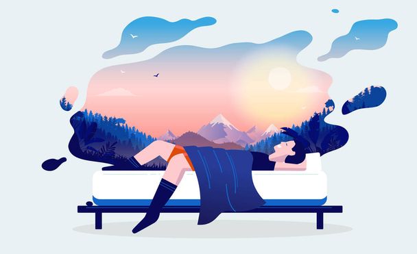 Dreaming man - Man lying in bed taking a nap, dreaming of hiking, traveling and nature. Happy dreams and good sleep concept. Vector illustration. - Vector, Image