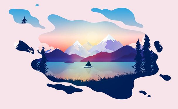 Tranquility - Sailboat on a quiet lake in beautiful landscape. Fluid soft shape border and calming colours. Dreaming of freedom, sailing and relaxation concept. Vector illustration. - Vector, afbeelding