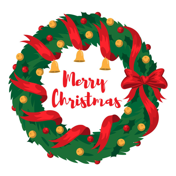 Веселого різдвяного свята Холлі сосновий вінок з червоним бантом, стрічками та вафлями, на білому ізольованому тлі. Зелений вінок з елементами декору і назвою. Добре для вітальних листівок з елементами дизайну
 - Вектор, зображення