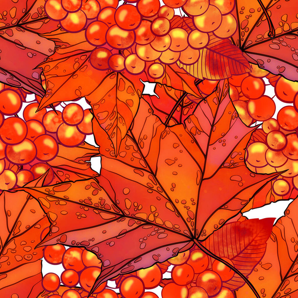Осенний бесшовный рисунок. Цифровые линии рисунок с акварелью текстуры, пятна и брызги. Смешанные медиа произведения искусства. Бесконечный мотив для текстильного декора и ботанического дизайна - Фото, изображение