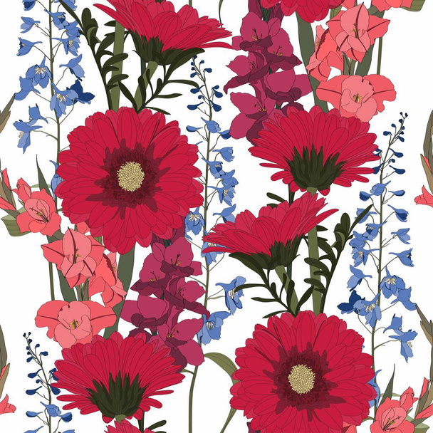Nahtlose Muster mit Gerbera, Delphinium, Gladiolenblüten und Blättern in roten und blauvioletten Farben auf weißem Hintergrund.  - Vektor, Bild