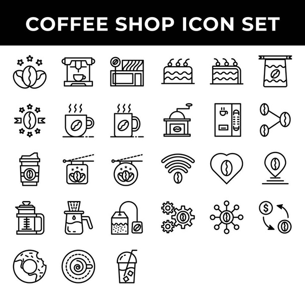 Zestaw ikon kawiarni to kawa premium, espresso, kawiarnia, kubek, napój, filiżanka, kroplomierz, torba, tort, ciasto, fasola, dźwigar, miłość, pin, transakcja - Wektor, obraz
