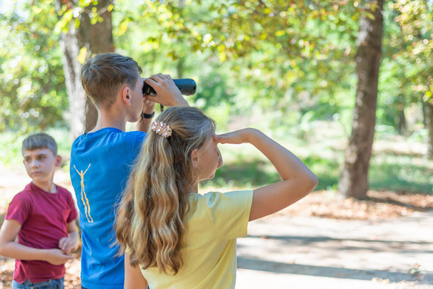 ハイキングや双眼鏡を通して見る子供たち、森を巡る子供たちの旅. - 写真・画像