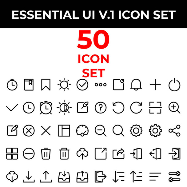 essential icon set include time,bookmark,brightness,circle,check,clock,alarm,box,cross,layout,performance,menu,decrease,trash,cloud,download,upload,draw,face,love,filter,option,tunnel,block,add,help - Vector, Image