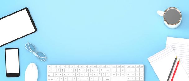 Flache Arbeitsfläche mit Bürobedarf Smartphone, Tablet, Tastatur, Brille Notizblock, Kaffee, Bleistift und Kopierraum auf blauem Hintergrund - 3D-Rendering - Foto, Bild