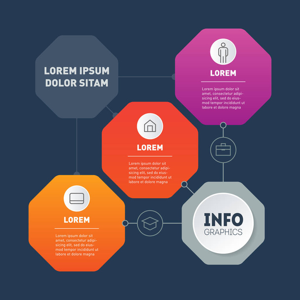 Infographic of technological or education process of 3 parts. Part of the report with icons set. Diagram. Template of chart or presentation consisting of three octagons. - Vektör, Görsel