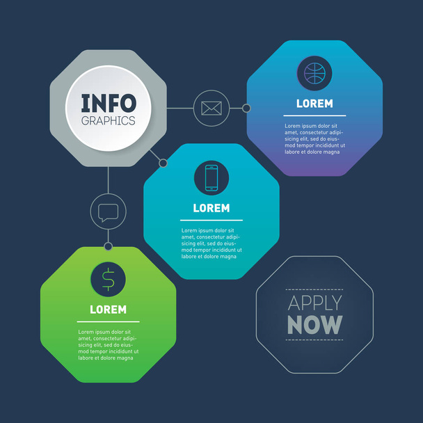 Part of the report with icons set. Diagram with button "apply now. Template of chart or presentation consisting of three octagons. Infographic of technological or education process of three parts. - Vektör, Görsel