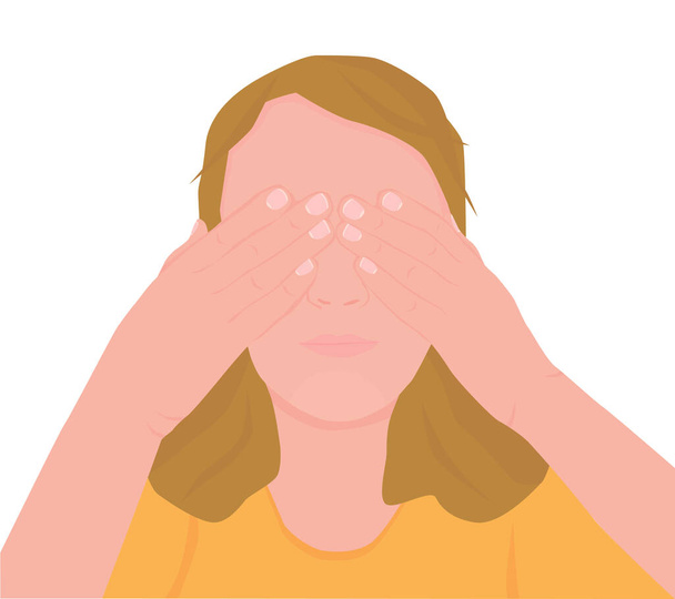 Ilustração vetorial de uma jovem com os olhos fechados pelas mãos. Ilustração vetorial isolada sobre fundo branco. - Vetor, Imagem