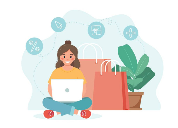 Online έννοια ψώνια με γυναίκα κρατώντας ένα φορητό υπολογιστή. Πρότυπο εικονογράφησης διανύσματος - Διάνυσμα, εικόνα