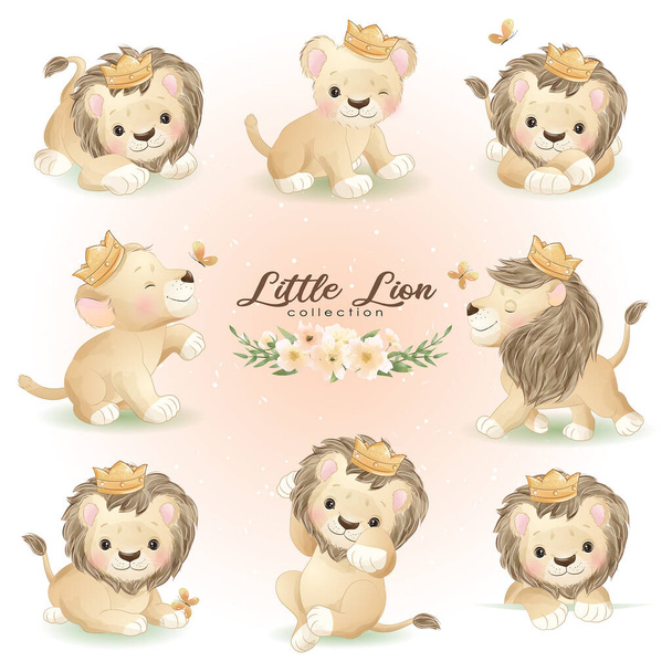 Cute doodle lew stanowi z kwiatowej ilustracji - Wektor, obraz