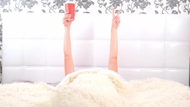 funny woman rises in bed with takeaway coffee, enjoys the morning and drinks coffee. The concept of starting a new day, relaxing on the weekend, no need to rush anywhere, good morning - Footage, Video