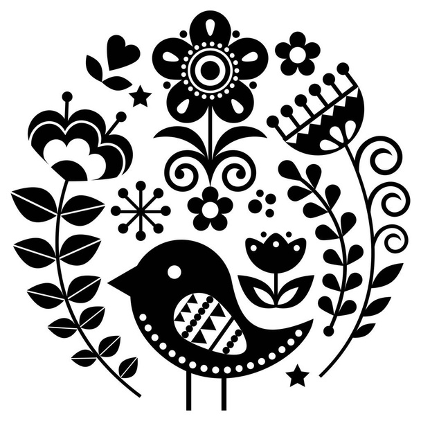 Scandinavian folk art vector pattern with flowers and bird in circle, black floral greeting card or invitation inspired by traditional embroidery from Sweden, Norway and Denmark. Forest monochrome round Nordic ornament with cute bird - Vetor, Imagem