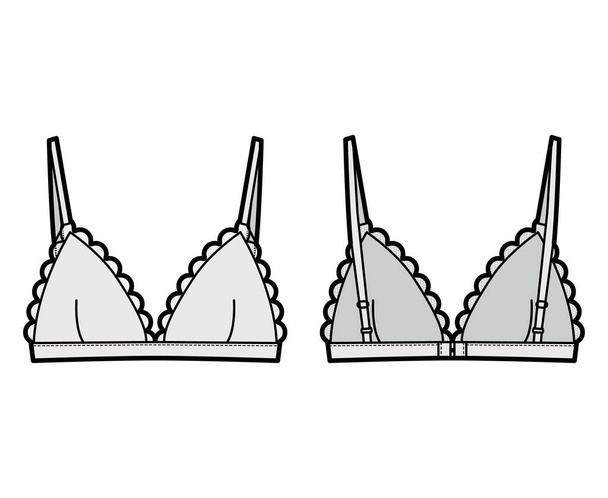 Biancheria intima Triangle Bra illustrazione tecnica di moda con cinghie regolabili, chiusura con gancio e occhio, coppe smerlate. Piatto  - Vettoriali, immagini