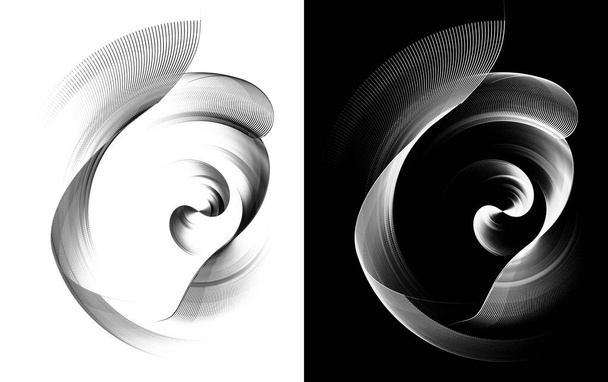 Wellenförmige transparente Oberflächen befinden sich in einem Kreis. In der Mitte dreht sich eine Spirale. Set monochromer grafischer Elemente für das Design. 3D-Darstellung. 3D-Illustration. Logo, Zeichen, Symbol, Symbol. - Foto, Bild