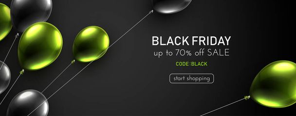 Black friday dark background with black and green foil balloons. Web site template design. Online shopping. Vector illustration. - Vektor, kép