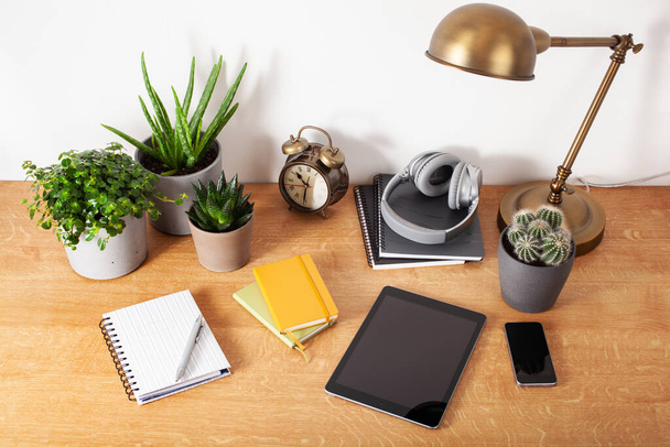 bureau à domicile avec tablette ordinateur smartphone ordinateur portable plantes d'intérieur, espace de travail à la maison - Photo, image