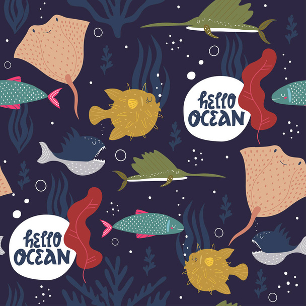 Underwater world seamless pattern. Underwater sea world dwellers, flora and fauna elements. Fairytale kid textile, wrapping paper, background. Vector hand drawn illustration. - Vector, Image
