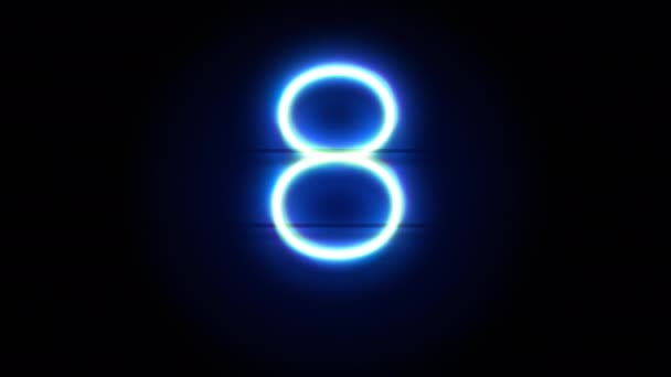 O néon número 8 aparece no centro e desaparece depois de algum tempo. Animação em loop do símbolo do alfabeto de néon azul - Filmagem, Vídeo