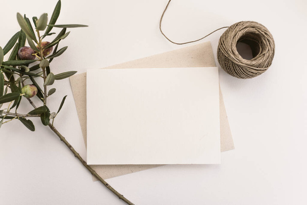 Blank paper card with olive branch . Copy space for your text, flat lay, top view - Fotó, kép