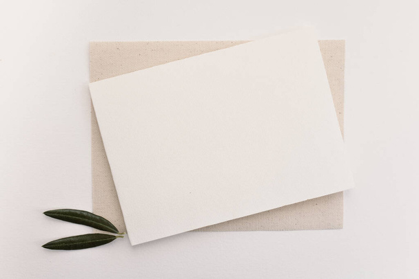 Пустая бумажная карточка с оливковыми листьями. Пространство для копирования вашего текста, плоская кладка, вид сверху - Фото, изображение