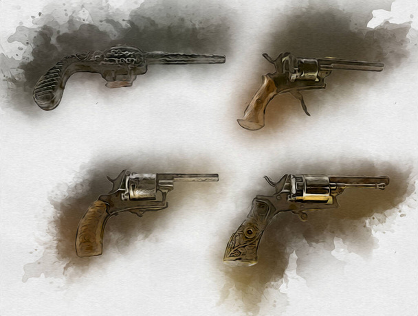 Revolver, desenhado à mão ilustração arma vintage. Gravura estilo pistolas antigas conjunto
 - Foto, Imagem