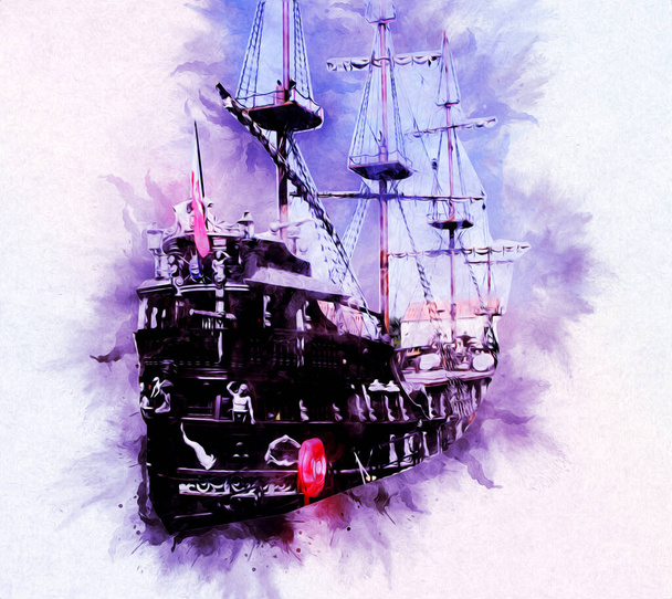 Piratenschip zeilen op de zee illustratie kunst tekening schets vintage - Foto, afbeelding