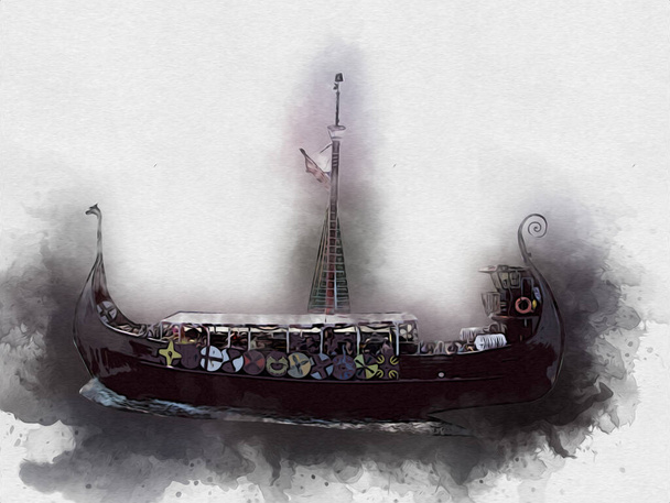 Barco pirata navegando en el mar ilustración arte dibujo boceto vintage - Foto, imagen