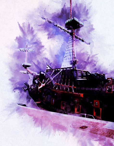 アンティークボートの海の動機は、手作りのイラストアートヴィンテージの図面を描く - 写真・画像
