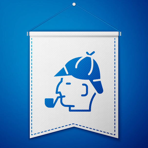 Blue Sherlock Holmes with smoking pipe icon isolated on blue background. Detective. White pennant template. Vector. - Vector, Image