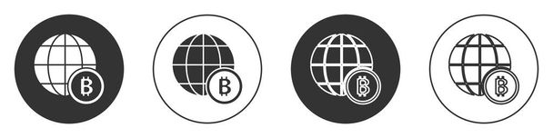 Globe noir et pièce crypto-monnaie icône Bitcoin isolé sur fond blanc. Pièce de monnaie physique. Blockchain basé crypto-monnaie sécurisée. Cercle bouton. Vecteur. - Vecteur, image