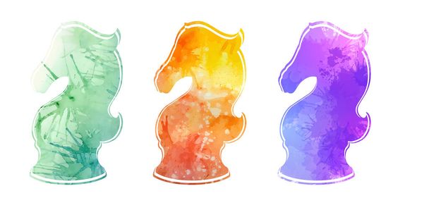 Set of contour knight chess horses with neon watercolor splashes. Proud mustang mascot. Symbol of smart play. Contour watercolor object for logos, icons and your design. - Vector, afbeelding