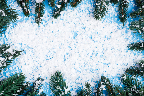 Flat lay with  pine branches and artificial snow on blue background - Photo, Image