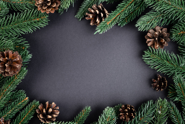 Flache Lage mit Tannenzapfen mit Tannenzweigen auf schwarzem Hintergrund, Neujahrskonzept - Foto, Bild