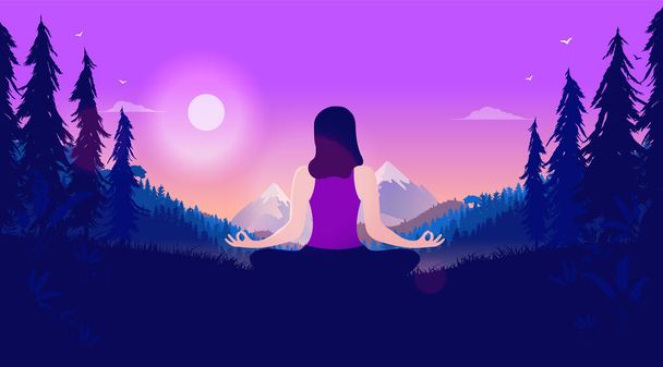 Meditierende Frau in der Landschaft - Weibliche Person, die in der Natur sitzt und bei Sonnenaufgang und violettem Himmel eine spirituelle Erfahrung macht. Wald, Berge und schöne Aussicht. Vektorillustration. - Vektor, Bild