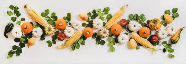 Autumn floral layout. Flat-lay of colorful Fall pumpkins, seasonal apples, pears, corn and leaves over plain white background, top view. Halloween, Thanksgiving or Autumn table decoration concept - Foto, afbeelding