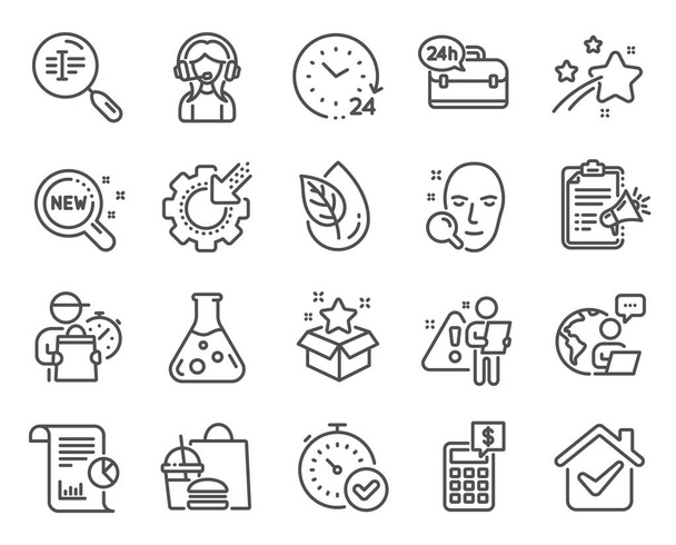 Technology icons set. Included icon as Calculator, New products, 24 hours signs. 24h service, Seo gear, Fast verification symbols. Chemistry lab, Search text, Organic product. Support. Vector - Vector, Image