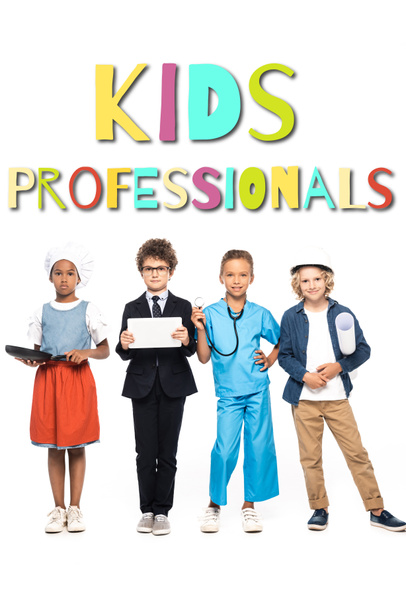 multicultural children in costumes of different professions near kids professionals lettering on white  - Foto, imagen